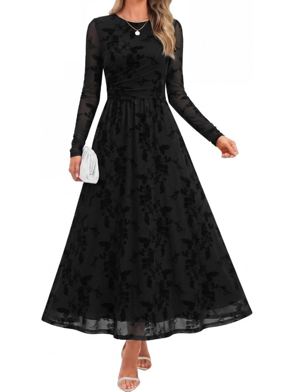 Women's Black Crewneck Maxi Long Sleeve Elegant Slimming Cocktail Party Dresses